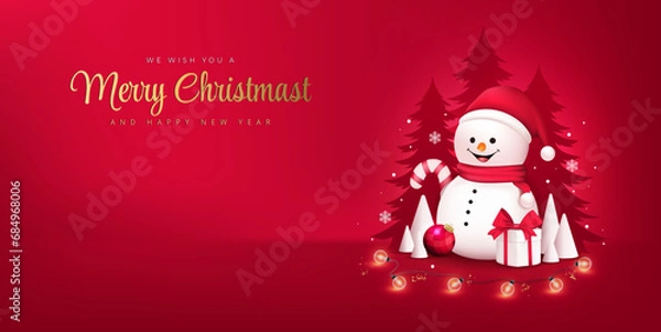 Obraz Vector merry christmas and happy new year poster or banner with cute Snow man, gift box and element