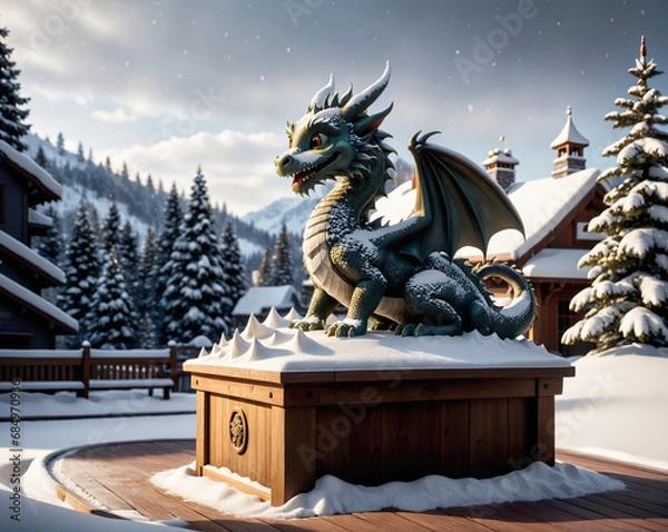 Fototapeta sculpture of a dragon on a pedestal against the backdrop of a winter forest, symbol of the year. Generated AI