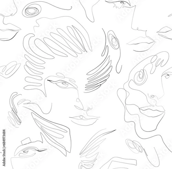 Fototapeta Line art vector abstract woman faces seamless pattern in black and white