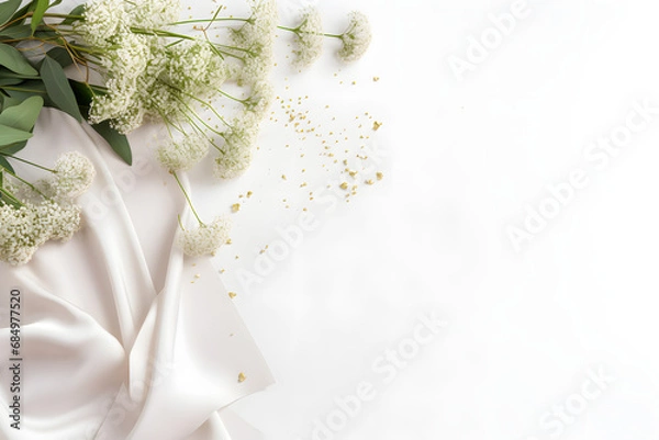 Fototapeta Styled stock photo. Feminine wedding desktop mockup with baby's breath Gypsophila flowers, dry green eucalyptus leaves, satin ribbon and white background. Empty space. Top view. Pictur. generative ai.