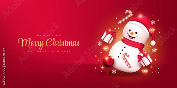 Obraz Vector merry christmas and happy new year poster or banner with cute Snow Man, gift box and element