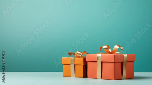 Obraz Two gift boxes on blue background, strong contrast, vibrant colors. Generative ai