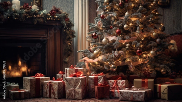 Obraz Christmas eve with Christmas tree, gift boxes and fireplace. Generative ai