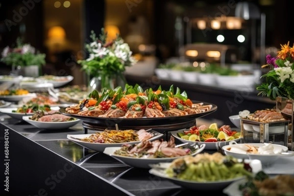 Fototapeta Catering buffet food on a long table in a hotel restaurant