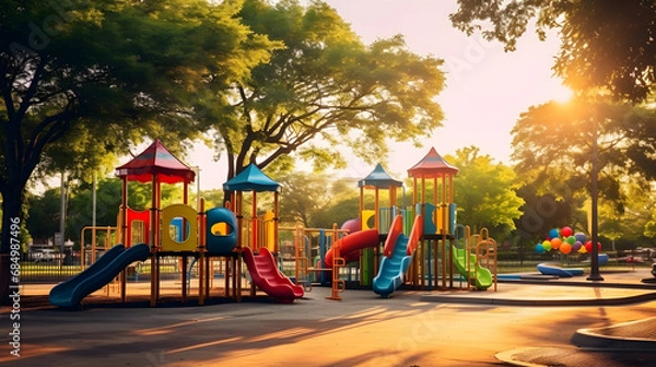 Fototapeta Colorful children playground activities in public park surrounded by green trees at sunset in Houston, Texas. Children run, slide, swing on modern playground. Urban neighborhood childh. generative ai.