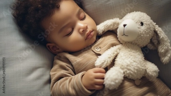 Fototapeta Healthcare theme captured: baby napping on a contemporary couch with a plush toy.