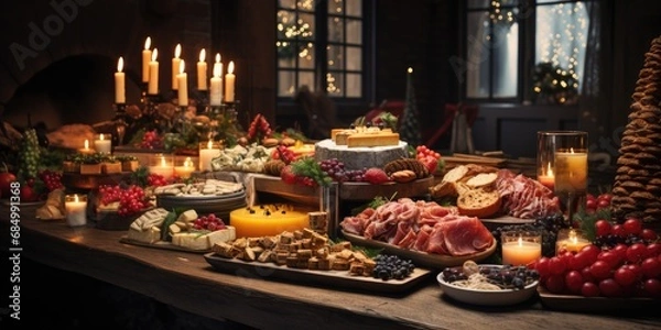 Fototapeta Festive buffet for New Year's party, Christmas table with food. Generative AI