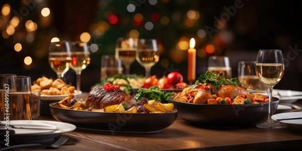 Obraz Christmas festive table, New Year's decor,delicious dishes with food. Holiday concept. Generative AI
