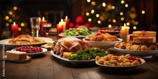 Obraz Christmas dinner table with turkey. New Year's decor in the background. Generative AI