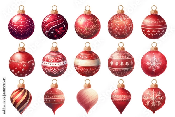 Obraz 赤いクリスマスオーナメントの水彩イラストの素材セット