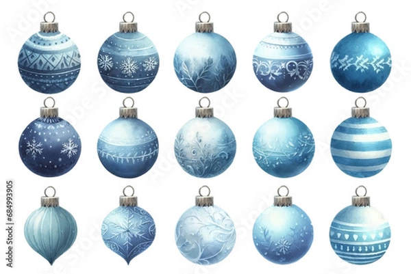 Obraz 水色のクリスマスオーナメントの水彩イラストの素材セット
