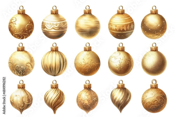 Obraz 金色のクリスマスオーナメントの水彩イラストの素材セット