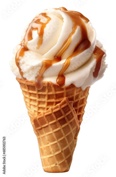 Fototapeta Close-up image of a single scoop of vanilla ice cream with a rich caramel sauce topping in a waffle cone, isolated on a transparent background