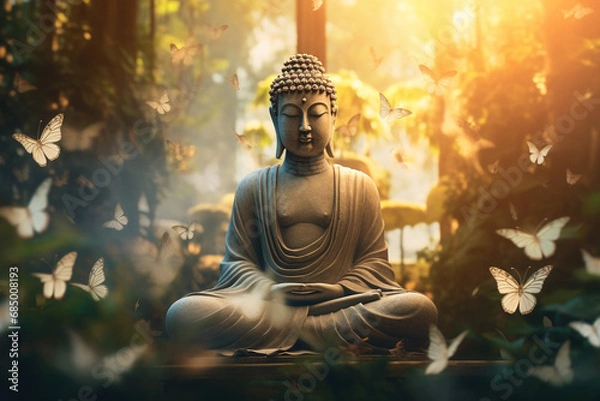 Fototapeta A tranquil Buddha statue amid a forest adorned with graceful white butterflies, embodying spiritual serenity and nature's gentle dance. Ai generated