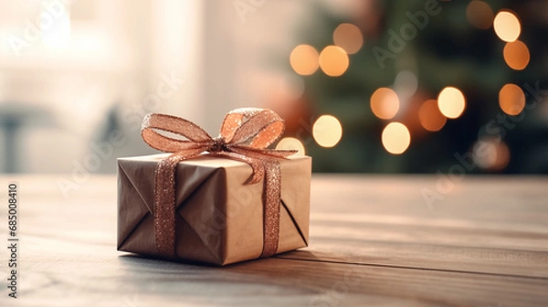 Fototapeta Clean table with christmas gift and blur with christmas tree and decorations copy space mock up