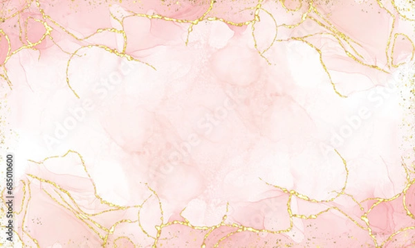 Fototapeta Pink alcohol ink mixed with glitter gold pattern elegant abstract ink flow art with translucent background