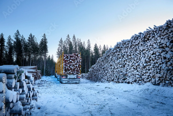 Fototapeta Loaded logging truck in the forest at the loading point