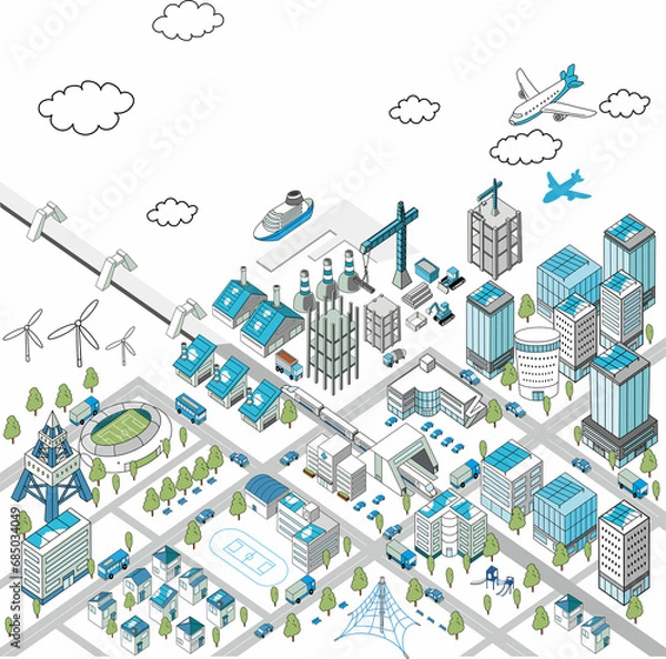 Obraz 海沿いの街並みの俯瞰イラスト（開発の進むまち）