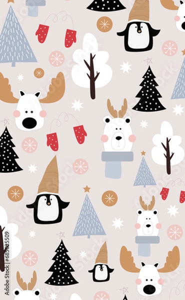 Fototapeta Seamless christmas pattern with bears,trees and pinguins.Funny childish festive print for textile, wrapping paper