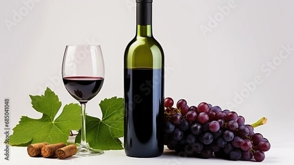 Fototapeta Red wine bottle with wine grapes on white background,