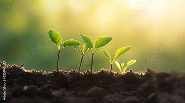 Fototapeta sequence of growth of young plants in nature and sunlight, natural tree growth.