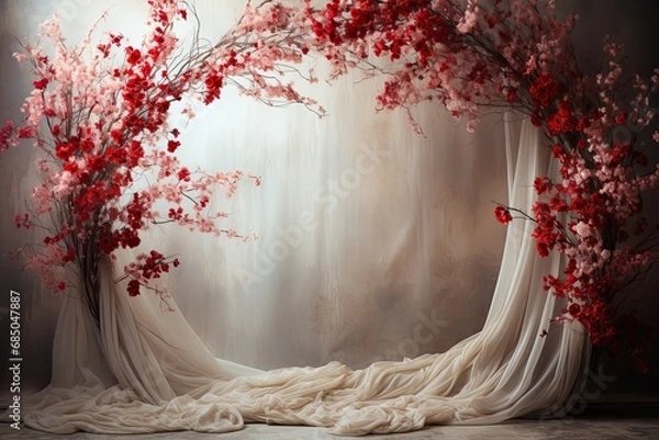 Fototapeta Maternity backdrop, Wedding backdrop, photography background, maternity props, Light hoop weaved with red flowers, white flowers, elegant wall background, flowing white satin drapes, backdrop, 