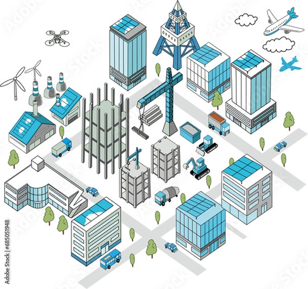 Obraz 都市開発が進むまちの俯瞰イラスト（工事現場）