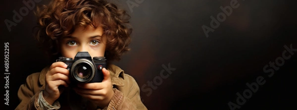 Fototapeta Portrait of a curly-haired child, young photographer with big eyes with a camera on a dark background. Retro advertising banner with copy space, panorama