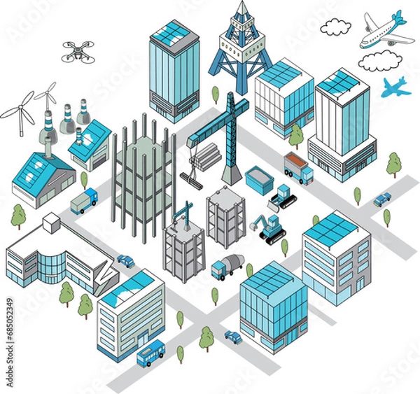 Obraz 都市開発が進むまちの俯瞰イラスト（工事現場）