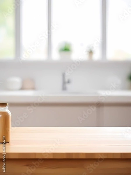 Fototapeta Wooden table top on blur background of green garden with bokeh sunlight. High quality photo	