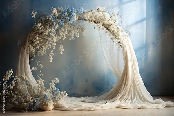 Fototapeta Maternity backdrop, wedding backdrop, photography background, maternity props, Light hoop weaved with blue flowers, white flowers, elegant wall background, flowing white satin drape, backdrop, 