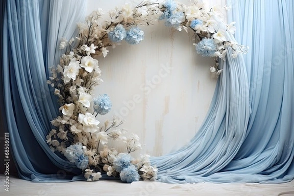 Fototapeta Maternity backdrop, wedding backdrop, photography background, maternity props, Light hoop weaved with blue flowers, white flowers, elegant wall background, flowing white satin drape, backdrop, 