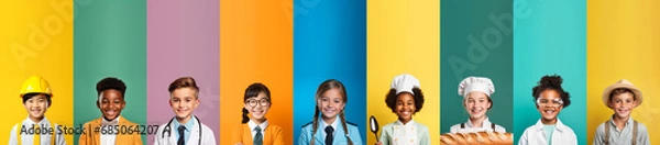 Fototapeta Diverse selection of gildren dressed as professional on bright solid color background