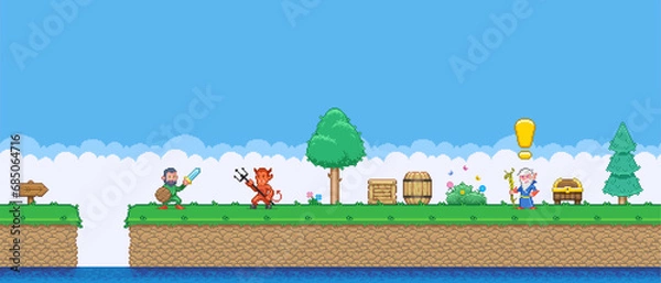 Fototapeta 8bit colorful simple vector pixel art horizontal illustration of cartoon hero fights with the devil for passage to the old wizard quest in retro video game platformer level style