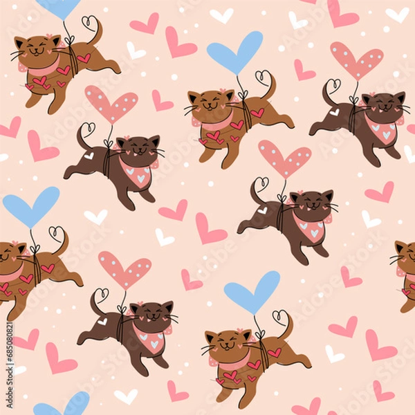 Fototapeta Funny cats are flying in a hot air balloon seamless pattern. Valentine's Day card. Vector illustration