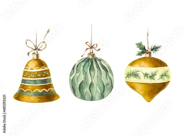 Fototapeta Set of watercolor Christmas tree decorations. Golden bell and green ball. The illustrations are hand drawn isolated on a white background. Use for invitations, cards and stickers