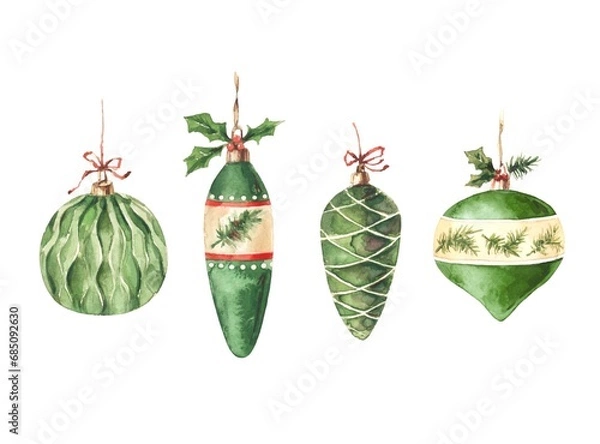 Fototapeta Set of watercolor green Christmas tree decorations. Pine, icicle and balls. The illustrations are hand drawn isolated on a white background. Use for invitations, cards and stickers