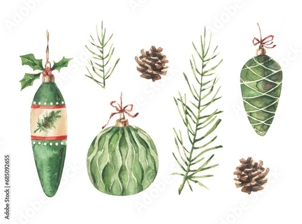 Fototapeta Set of watercolor New Year illustrations. Christmas green balls, spruce branches and cones. Isolated on a white background. Use for New Year invitations, cards and stickers