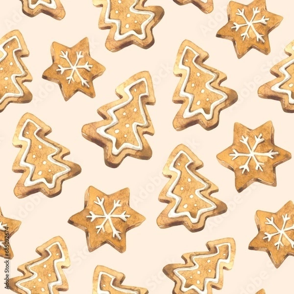 Fototapeta Seamless pattern with watercolor Christmas gingerbread star and herringbone cookies on a beige background. Use for printing holiday wrapping paper for gifts and decorations 