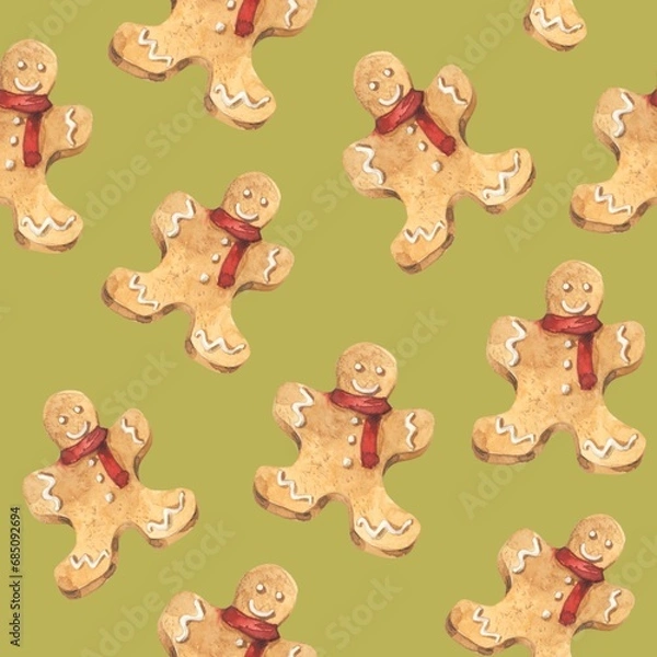 Fototapeta Seamless pattern with watercolor Christmas gingerbread cookie men on a green background. Use for printing holiday wrapping paper for gifts and decorations