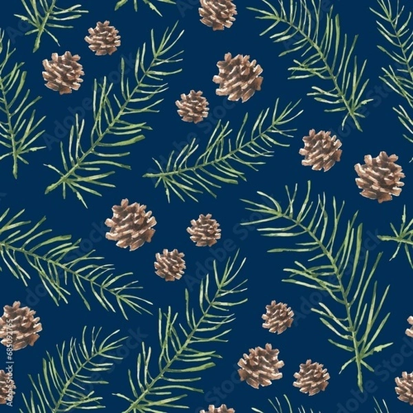 Fototapeta Seamless pattern with watercolor fir branches and cones on a blue background. Used for printing gift wrapping paper, textile and fabric.