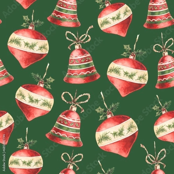 Fototapeta Seamless pattern with watercolor red Christmas tree toys on a green background. Used for printing gift wrapping paper, textile and fabric.