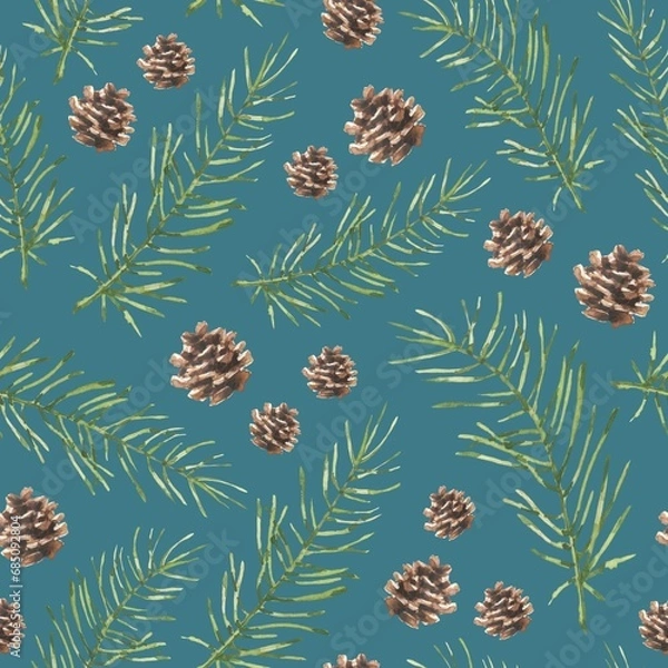 Fototapeta Seamless pattern with watercolor fir branches and cones on a blue background. Used for printing gift wrapping paper, textile and fabric.