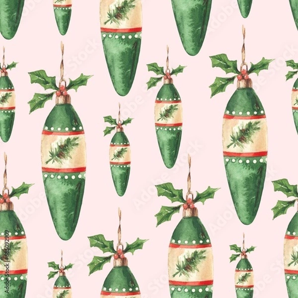 Fototapeta Seamless pattern with watercolor green Christmas tree decorations with holly leaves on a pink background. Used for printing gift wrapping paper, textile and fabric.