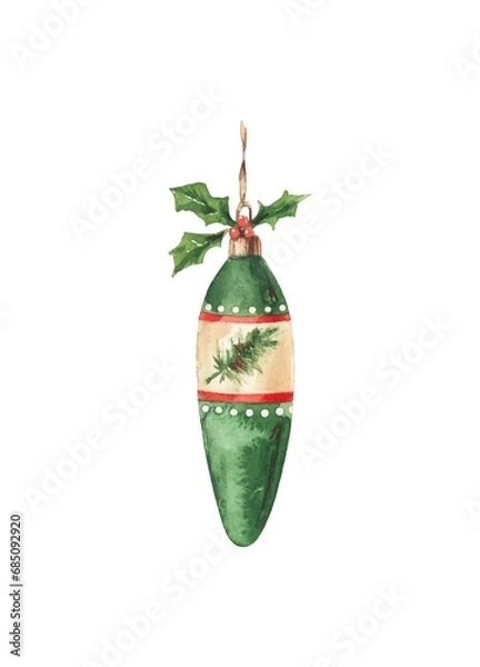 Fototapeta Watercolor green vintage Christmas tree toy with holly leaves. Hand drawn illustration isolated on white background. Use for greeting cards 