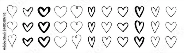 Fototapeta Hand drawn linear hearts set. Various brush, chalk, marker, ink drawn heart shapes. Artistic lines, outlines. Valentine's day uneven, textured edge doodle templates. Graphic design elements collection