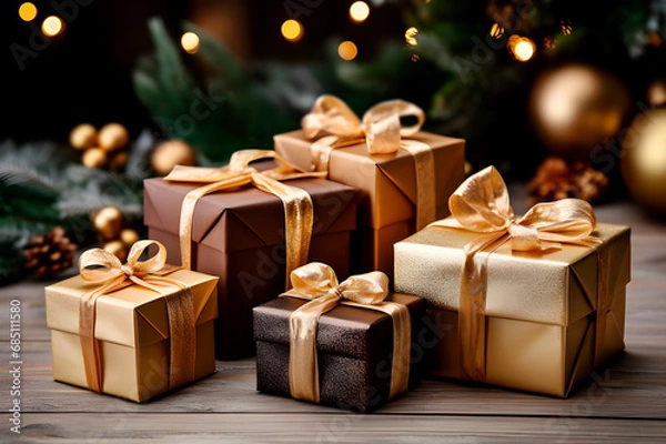 Fototapeta Fondo de Navidad y año nuevo.Cajas de regalos con lazos dorados y fondo de árbol de Navidad y luces.