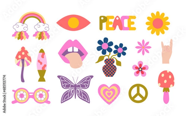 Fototapeta Retro groovy stickers and doodles. Good vibes. Rainbow, psychedelic mushrooms, groovy flowers, eyes, butterfly, hypnotic heart.