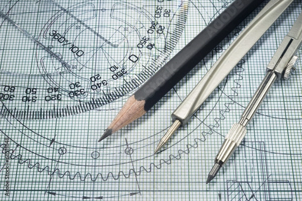 Obraz drawing, protractor, pencil and compasses