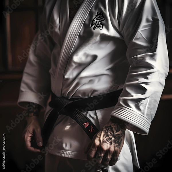 Fototapeta Black jiu-jitsu belt right in the closet on a man's waist, with his hands on them, wearing a white Dogi.